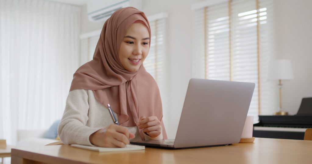 Asia arab people young woman wear hijab headscarf plan study MBA college class