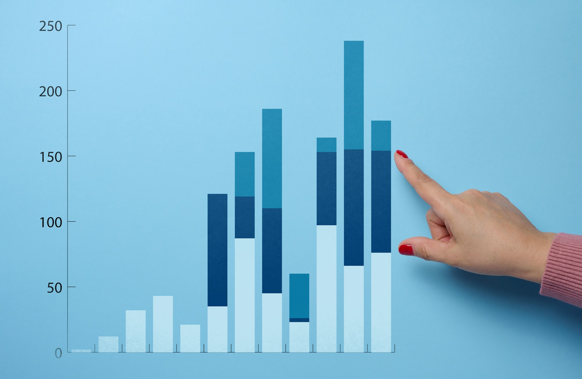 Graph with growing indicators on a blue background. Analysis of financial indicators in business